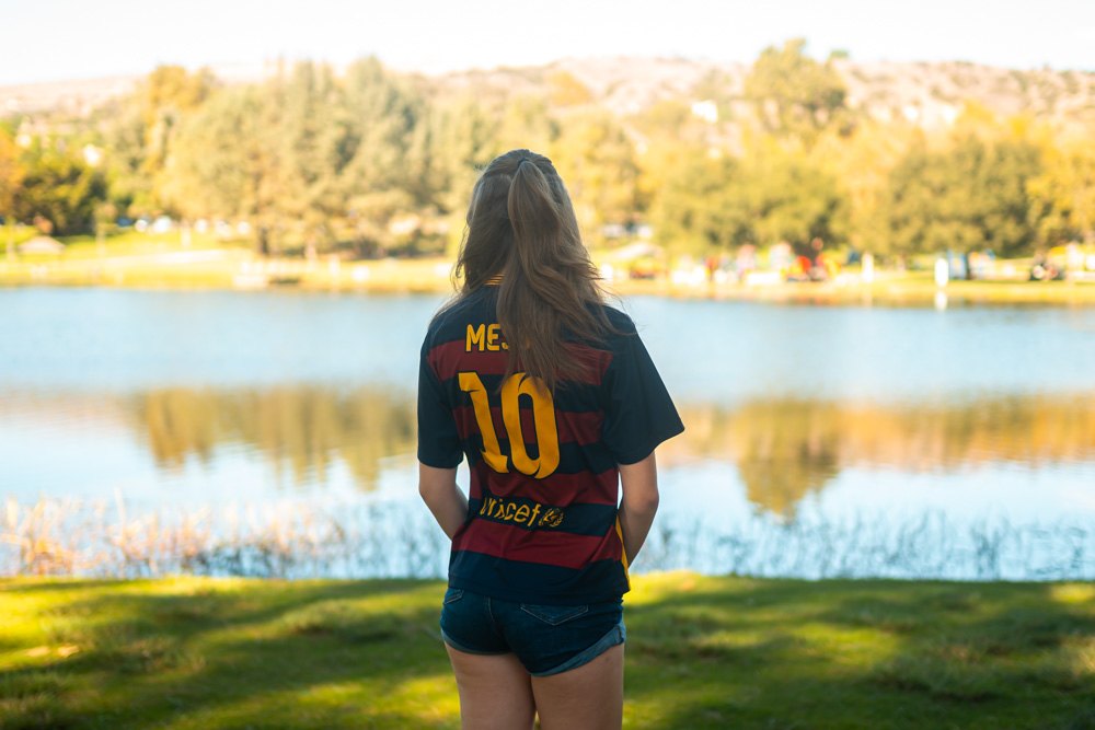 Back view showing jersey number by the lake